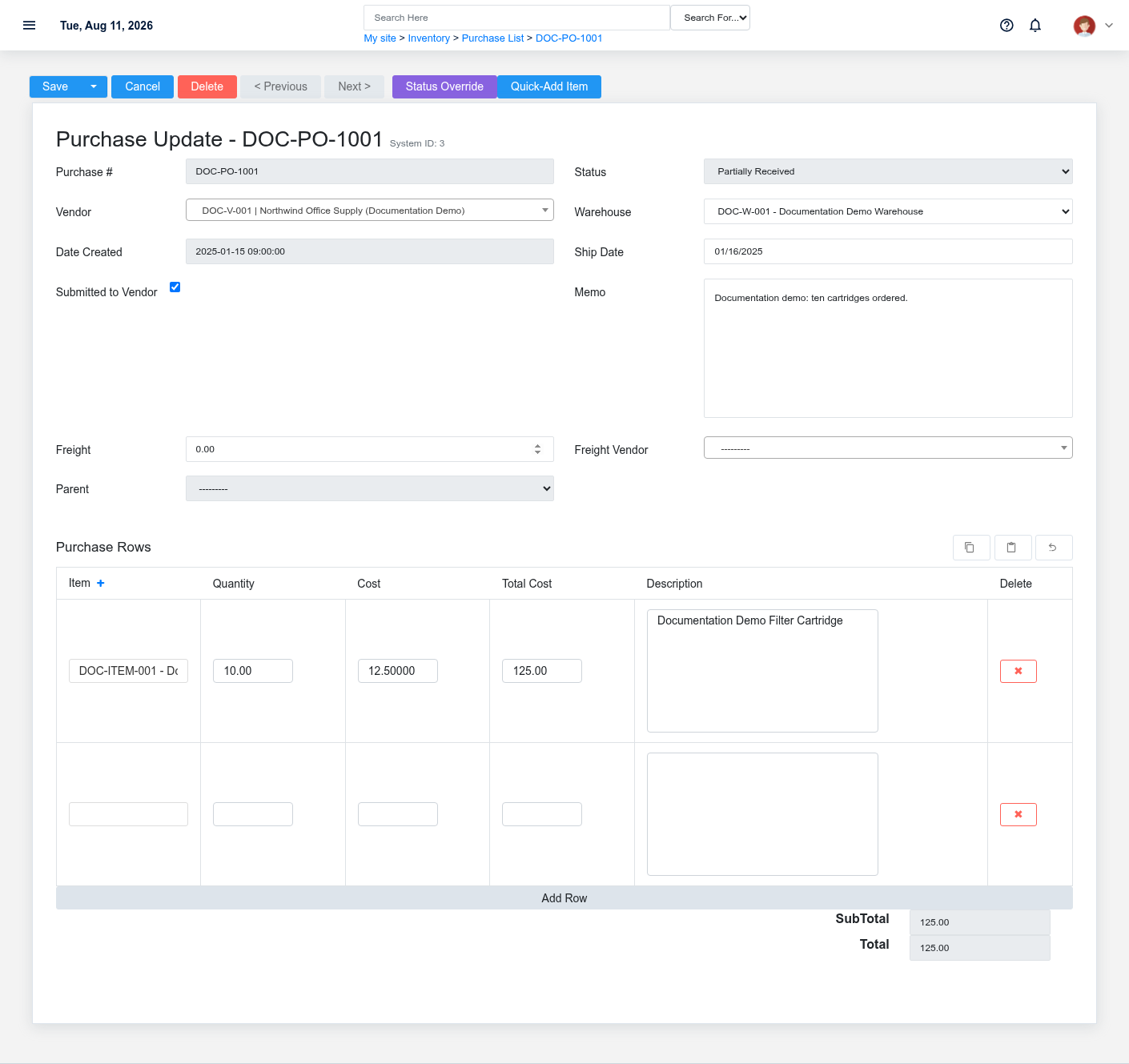 Brisk Purchase Orders update screen displayed with fictional documentation-demo data.