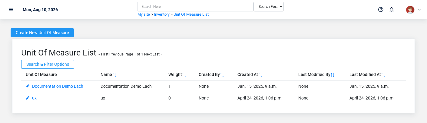 Brisk Units Of Measure overview screen displayed with fictional documentation-demo data.