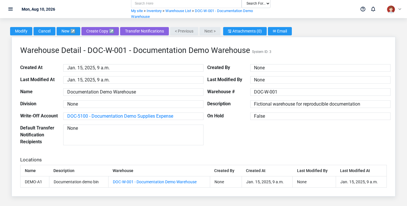 Brisk Warehouses detail screen displayed with fictional documentation-demo data.