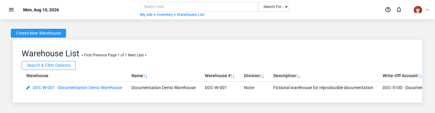 Brisk Warehouses list screen displayed with fictional documentation-demo data.