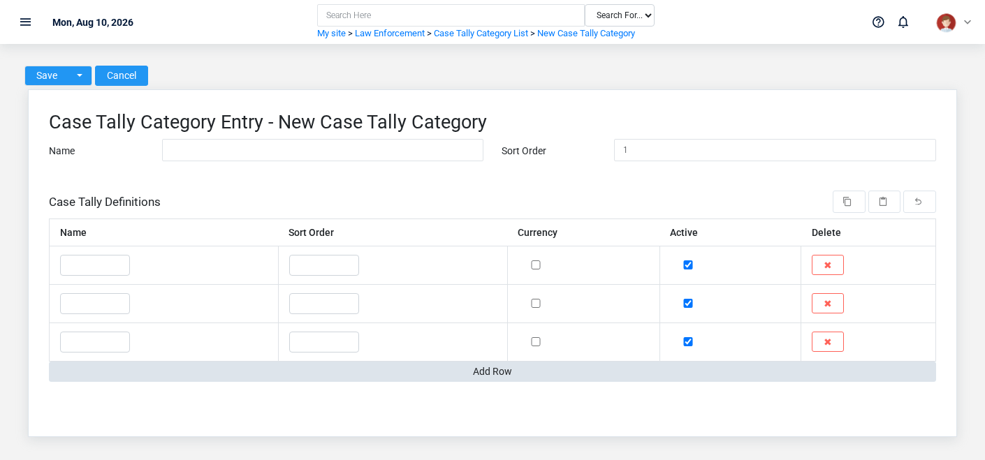 Brisk Case Tally Categories create screen displayed with fictional documentation-demo data.