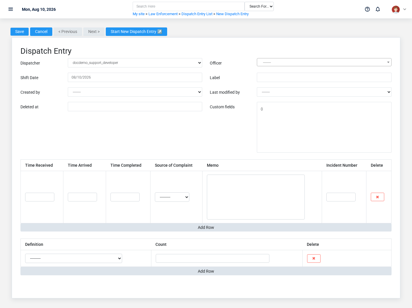 Brisk Dispatch Entries create screen displayed with fictional documentation-demo data.