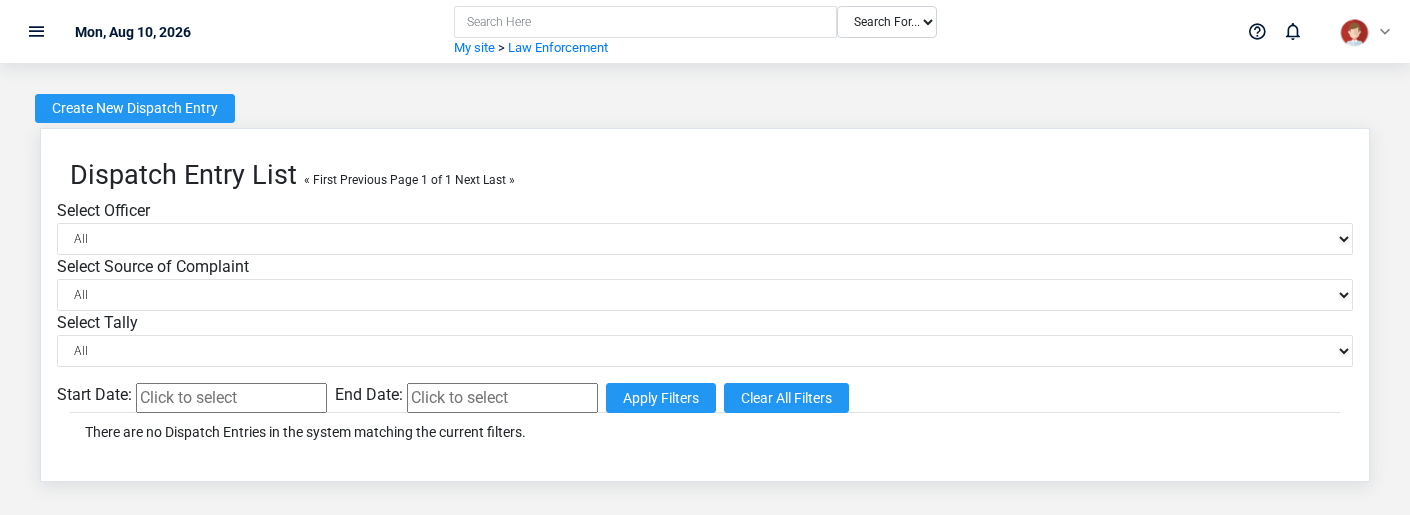 Brisk Dispatch Entries list screen displayed with fictional documentation-demo data.