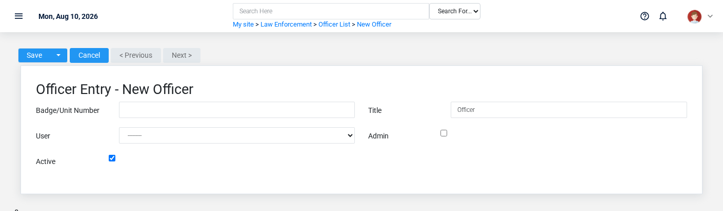 Brisk Officers create screen displayed with fictional documentation-demo data.