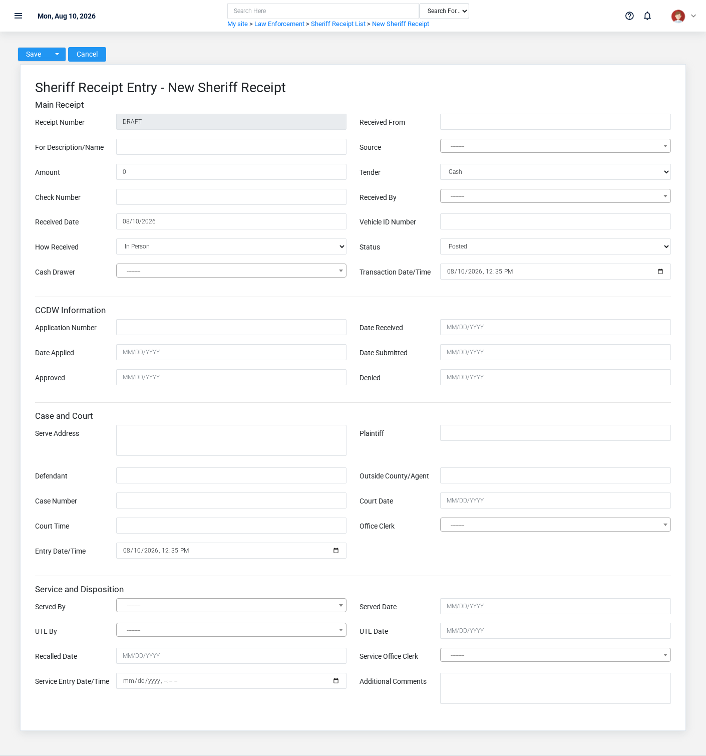 Brisk Sheriff Receipts create screen displayed with fictional documentation-demo data.