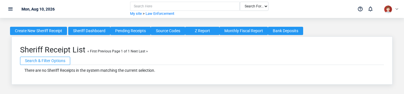 Brisk Sheriff Receipts list screen displayed with fictional documentation-demo data.