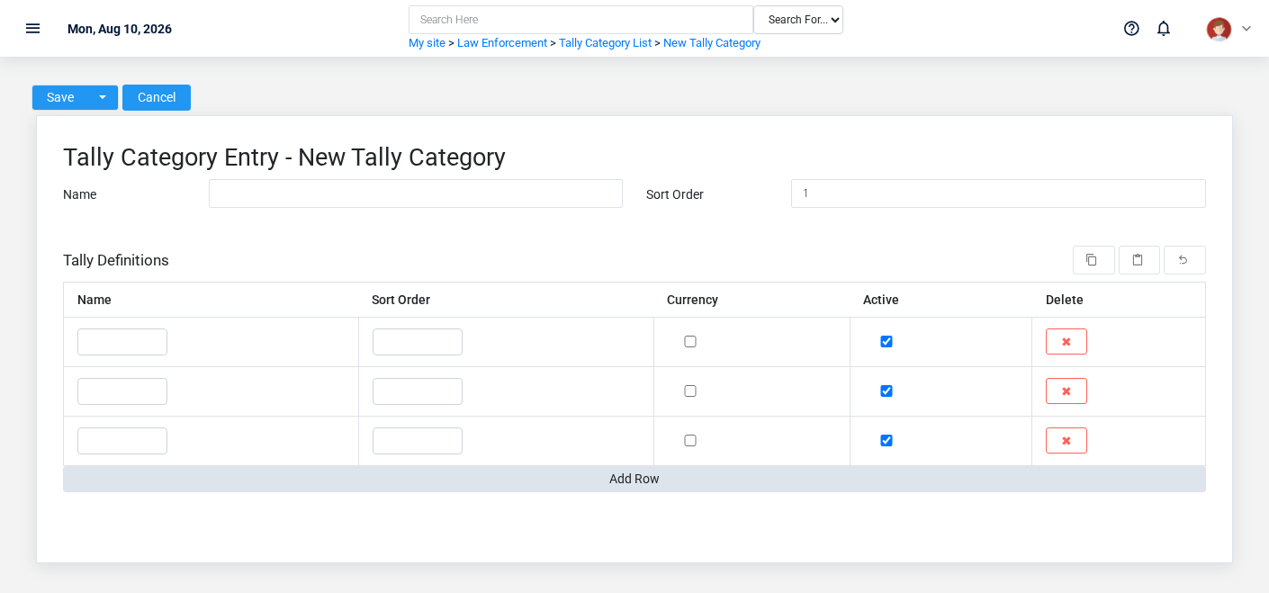 Brisk Tally Categories create screen displayed with fictional documentation-demo data.