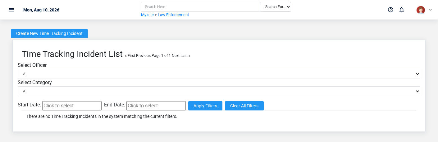 Brisk Time Tracking Incidents list screen displayed with fictional documentation-demo data.