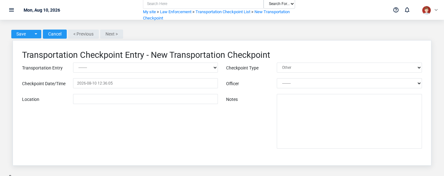 Brisk Transportation Checkpoints create screen displayed with fictional documentation-demo data.