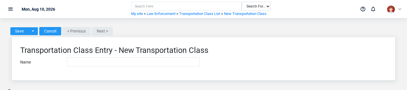 Brisk Transportation Classes create screen displayed with fictional documentation-demo data.