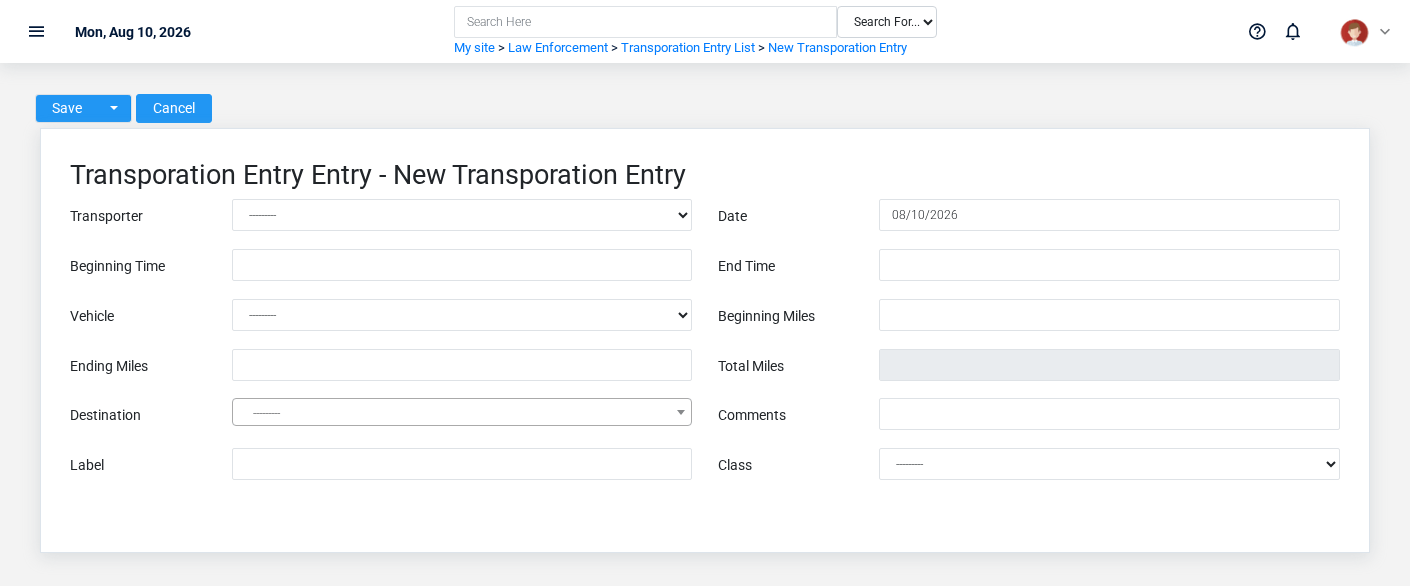 Brisk Transportation Entries create screen displayed with fictional documentation-demo data.