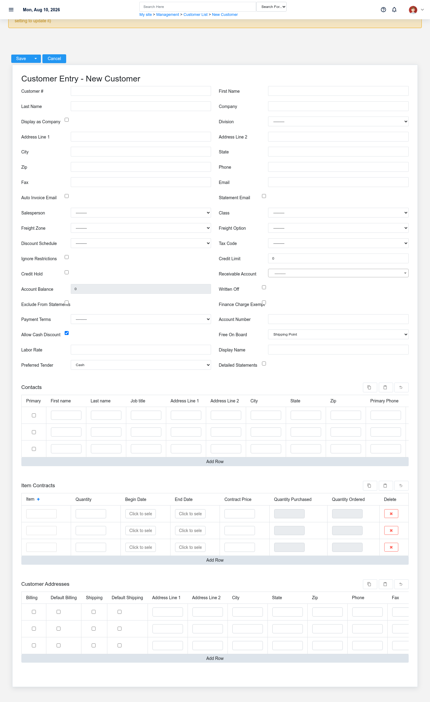 Brisk Customers create screen displayed with fictional documentation-demo data.