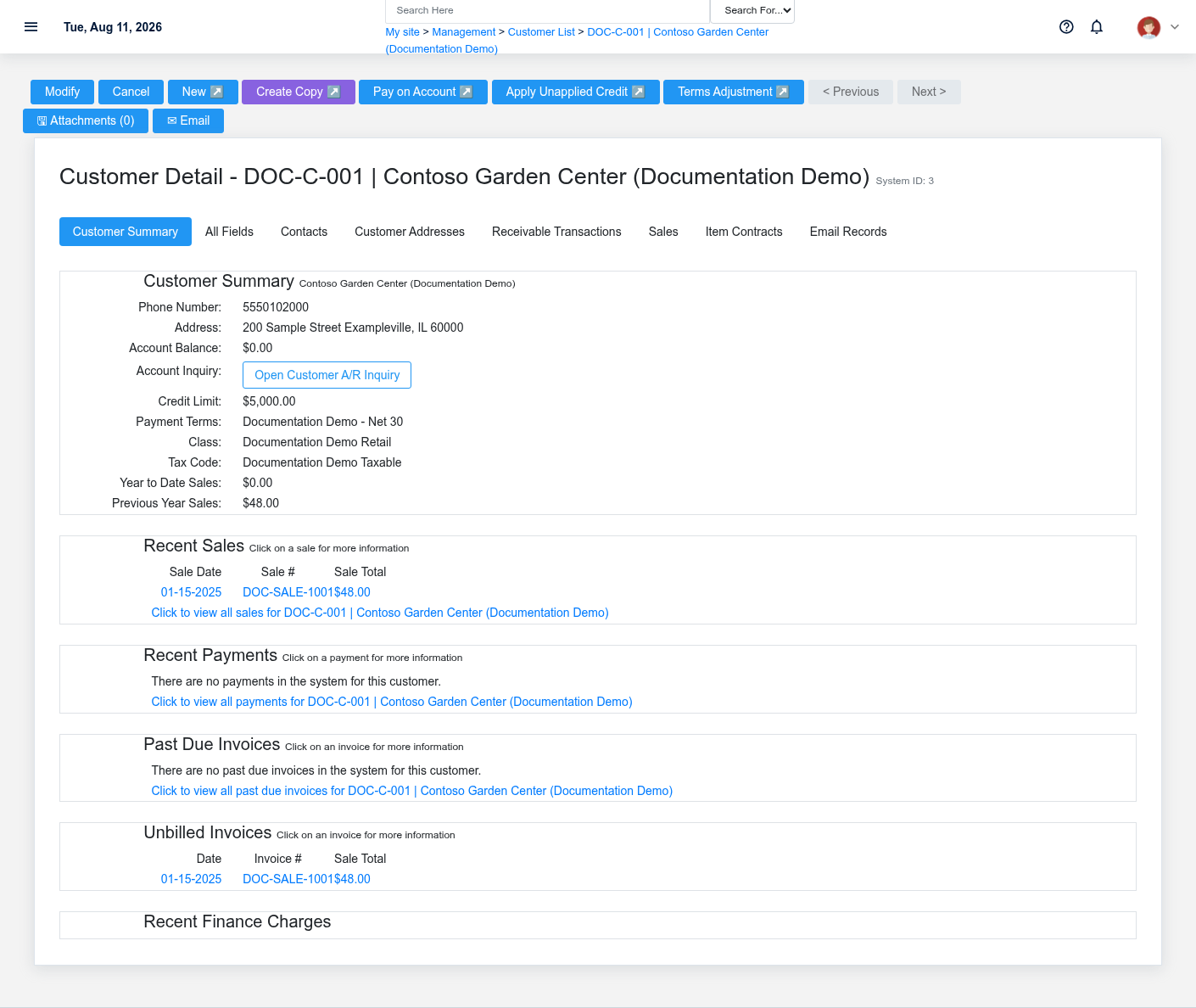 Customer detail for fictional customer DOC-C-001 with terms and account context.