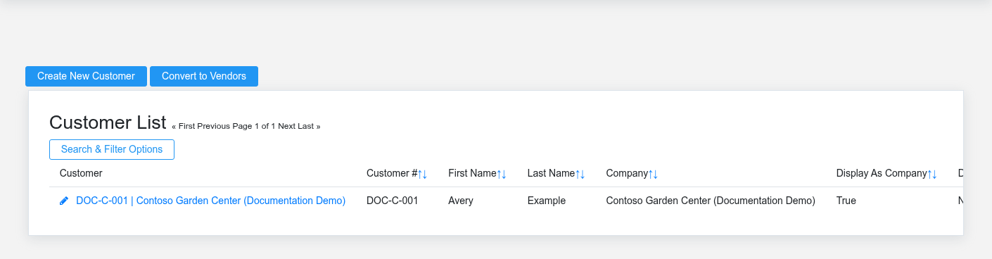 Brisk Customers list screen displayed with fictional documentation-demo data.