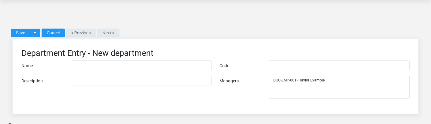 Brisk Departments create screen displayed with fictional documentation-demo data.
