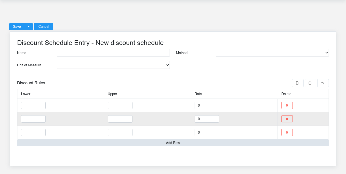 Brisk Discount Schedules create screen displayed with fictional documentation-demo data.