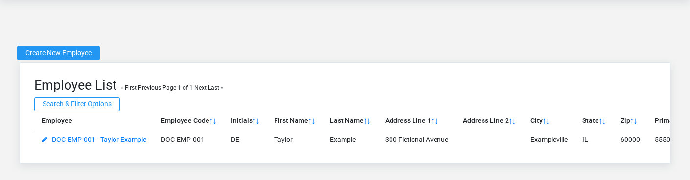 Brisk Employees list screen displayed with fictional documentation-demo data.