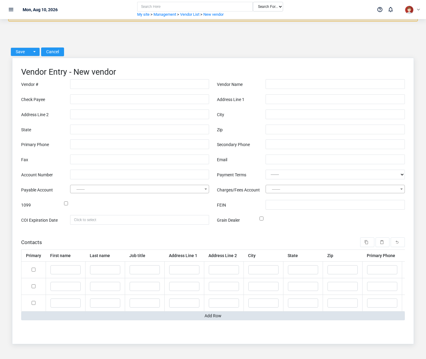 Brisk Vendors create screen displayed with fictional documentation-demo data.