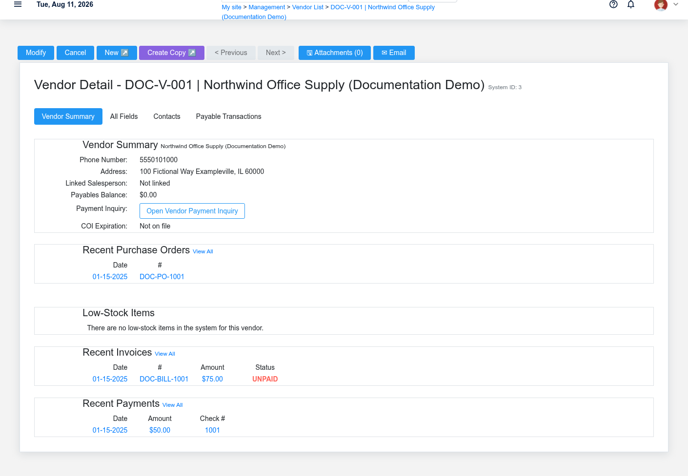 Vendor detail for fictional vendor DOC-V-001 showing purchasing and payable context.