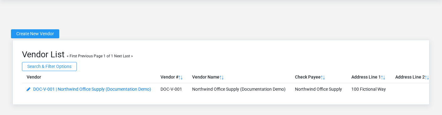Brisk Vendors list screen displayed with fictional documentation-demo data.