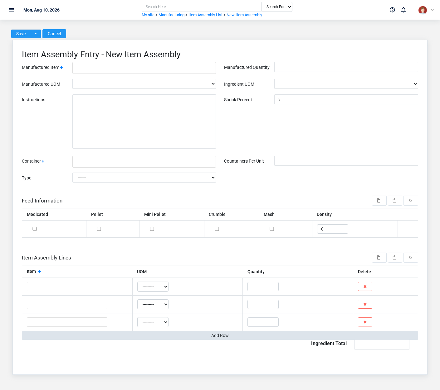 Brisk Item Assemblies create screen displayed with fictional documentation-demo data.