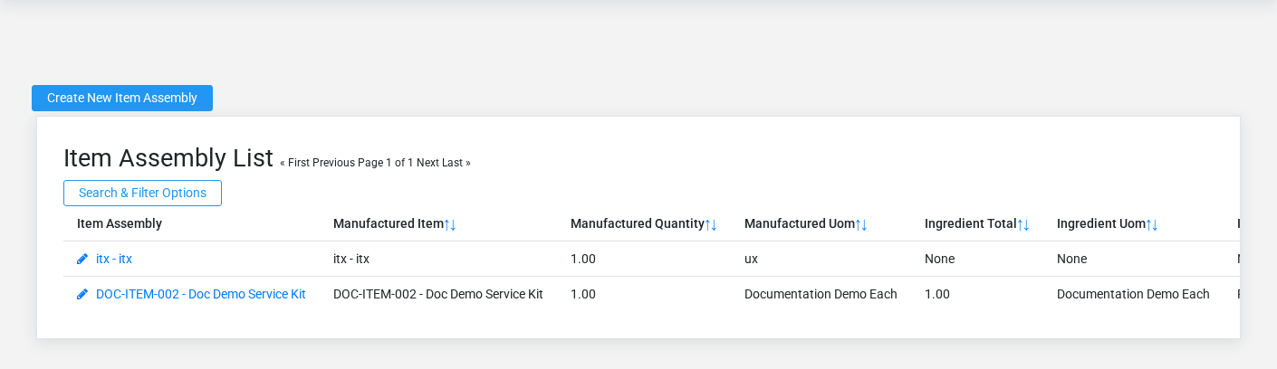 Brisk Item Assemblies list screen displayed with fictional documentation-demo data.