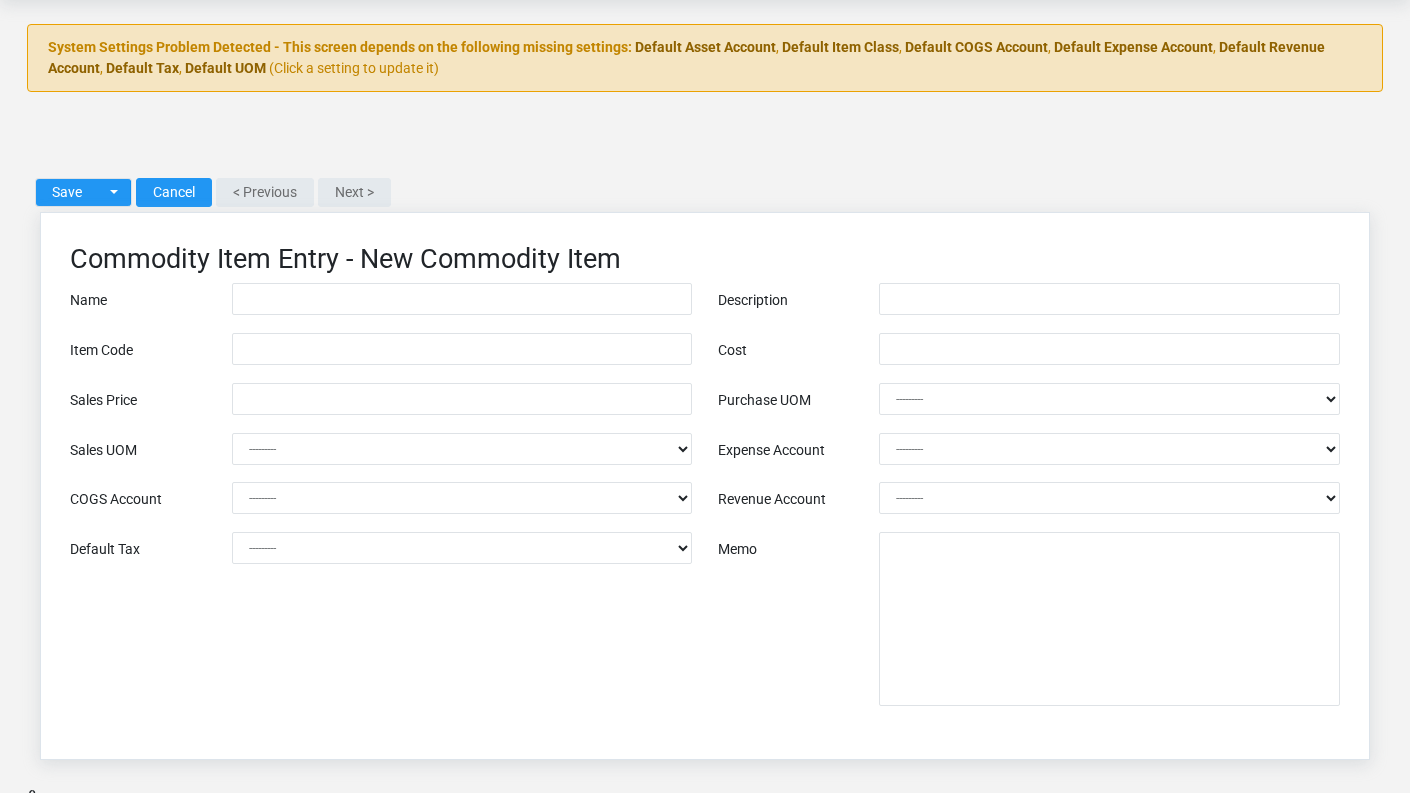 Brisk Commodity Items create screen displayed with fictional documentation-demo data.