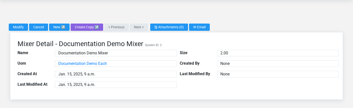 Brisk Mixers detail screen displayed with fictional documentation-demo data.