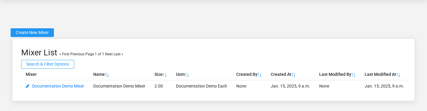 Brisk Mixers list screen displayed with fictional documentation-demo data.