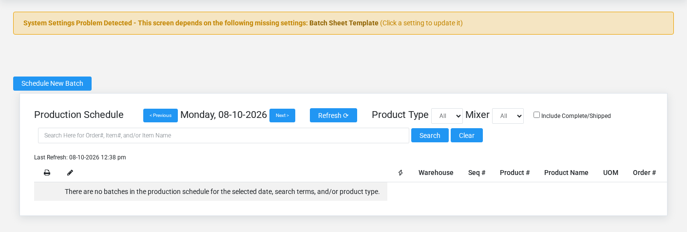 Brisk Scheduled Manufacturing Instances list screen displayed with fictional documentation-demo data.