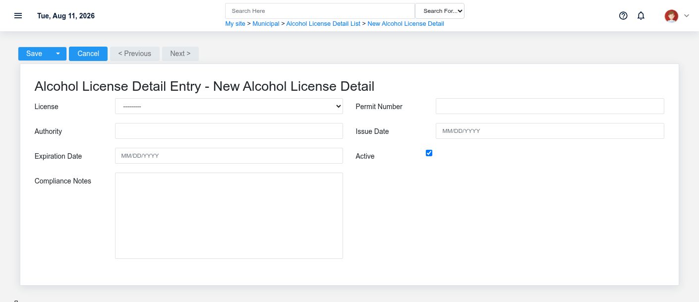 Brisk Alcohol License Details create screen displayed with fictional documentation-demo data.