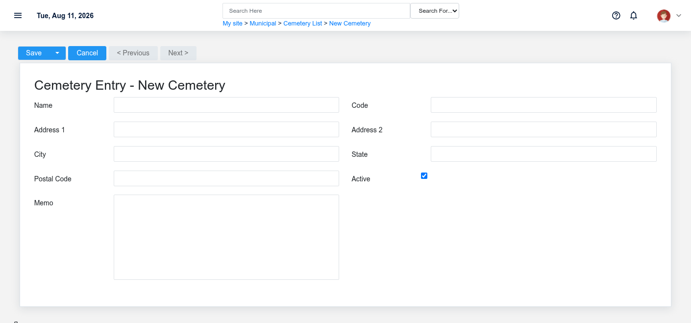 Brisk Cemeteries create screen displayed with fictional documentation-demo data.