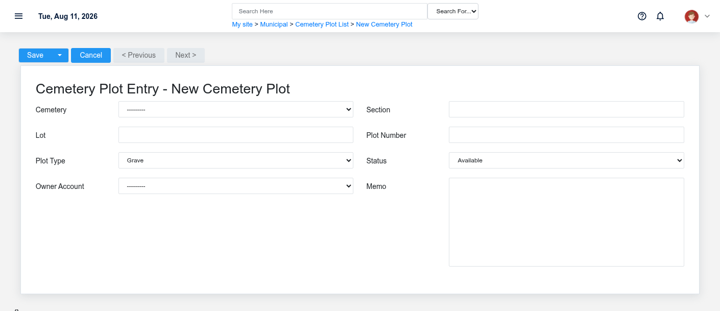 Brisk Cemetery Plots create screen displayed with fictional documentation-demo data.