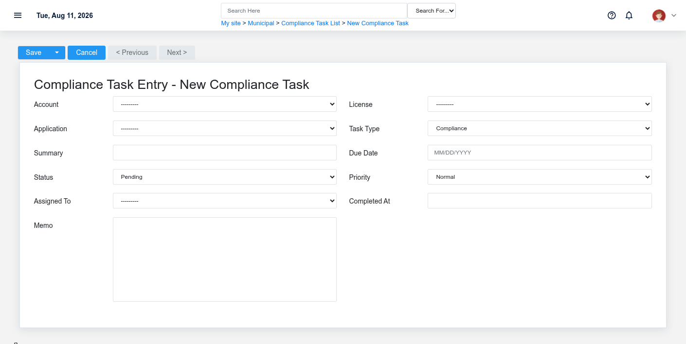 Brisk Compliance Tasks create screen displayed with fictional documentation-demo data.