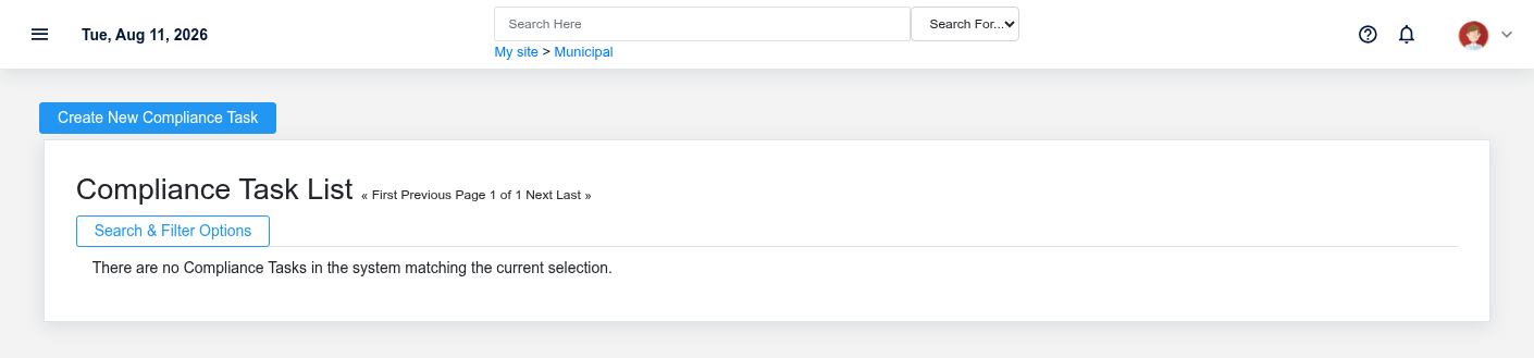 Brisk Compliance Tasks list screen displayed with fictional documentation-demo data.