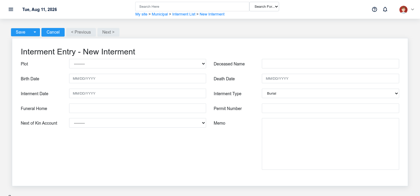 Brisk Interments create screen displayed with fictional documentation-demo data.
