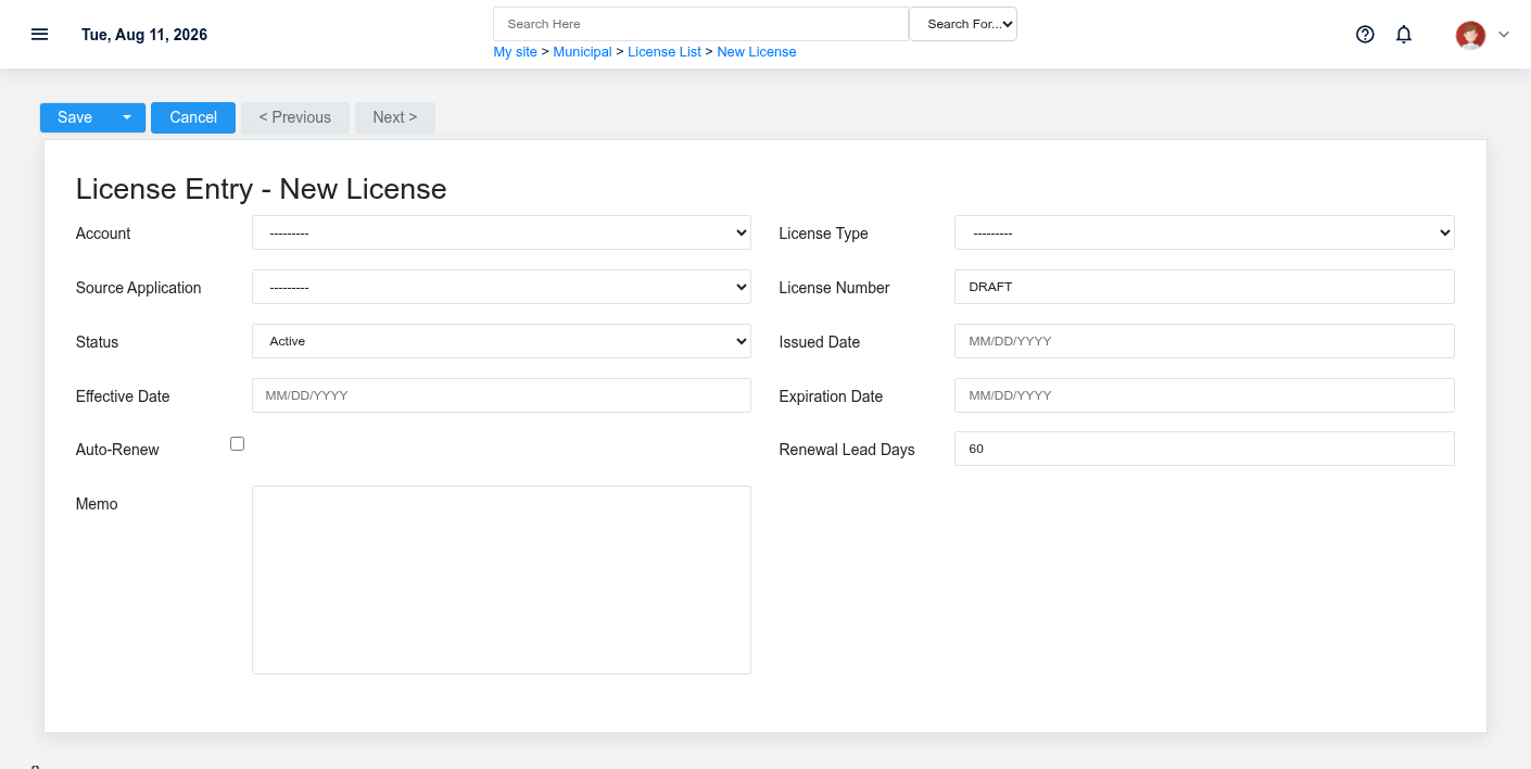 Brisk Licenses create screen displayed with fictional documentation-demo data.