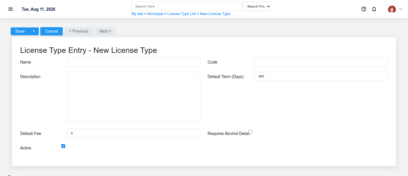 Brisk License Types create screen displayed with fictional documentation-demo data.