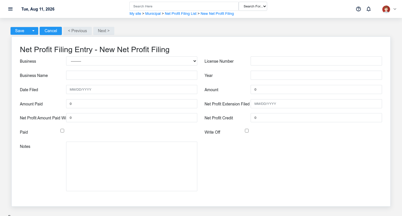 Brisk Net Profit Filings create screen displayed with fictional documentation-demo data.