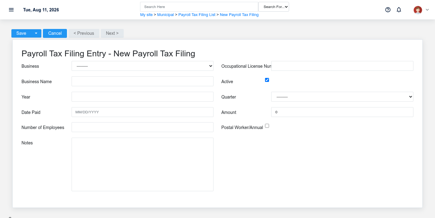 Brisk Payroll Tax Filings create screen displayed with fictional documentation-demo data.