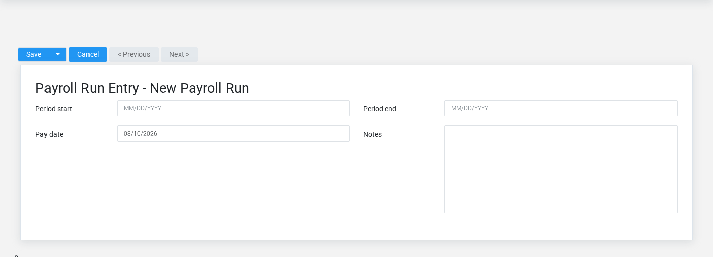 Brisk Payroll Runs create screen displayed with fictional documentation-demo data.