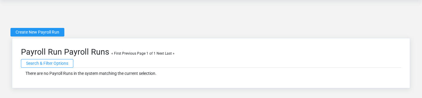Brisk Payroll Runs list screen displayed with fictional documentation-demo data.