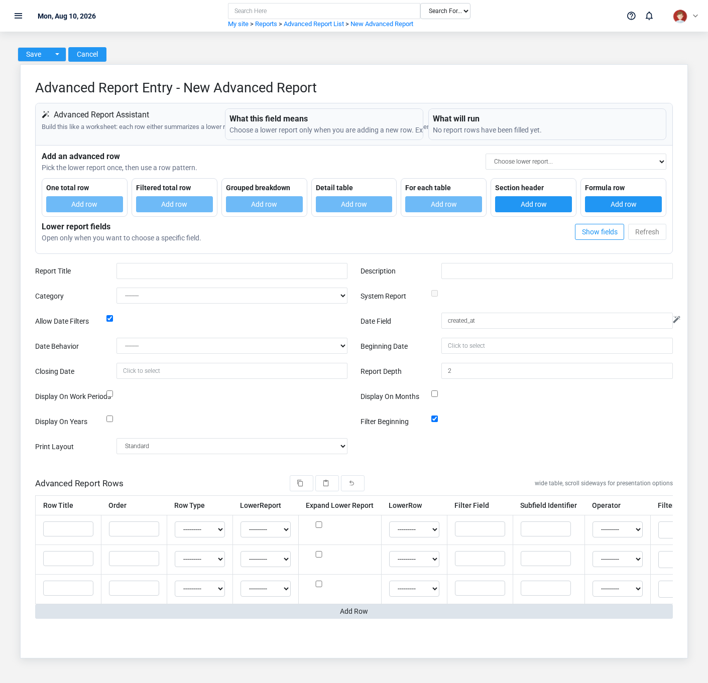 Brisk Advanced Reports create screen displayed with fictional documentation-demo data.