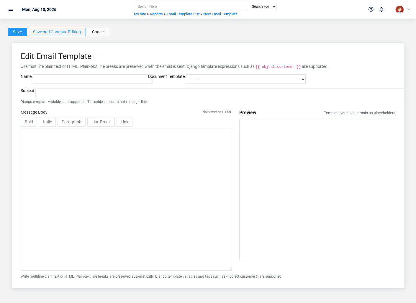 Brisk Email Templates create screen displayed with fictional documentation-demo data.