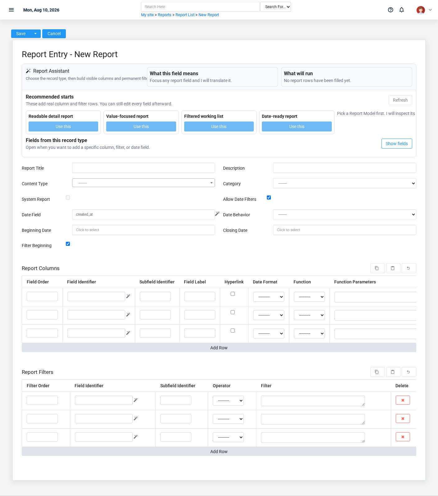 Brisk Reports create screen displayed with fictional documentation-demo data.