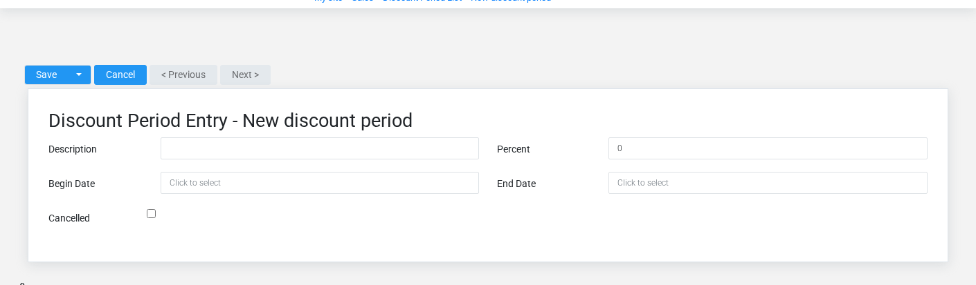 Brisk Discount Periods create screen displayed with fictional documentation-demo data.
