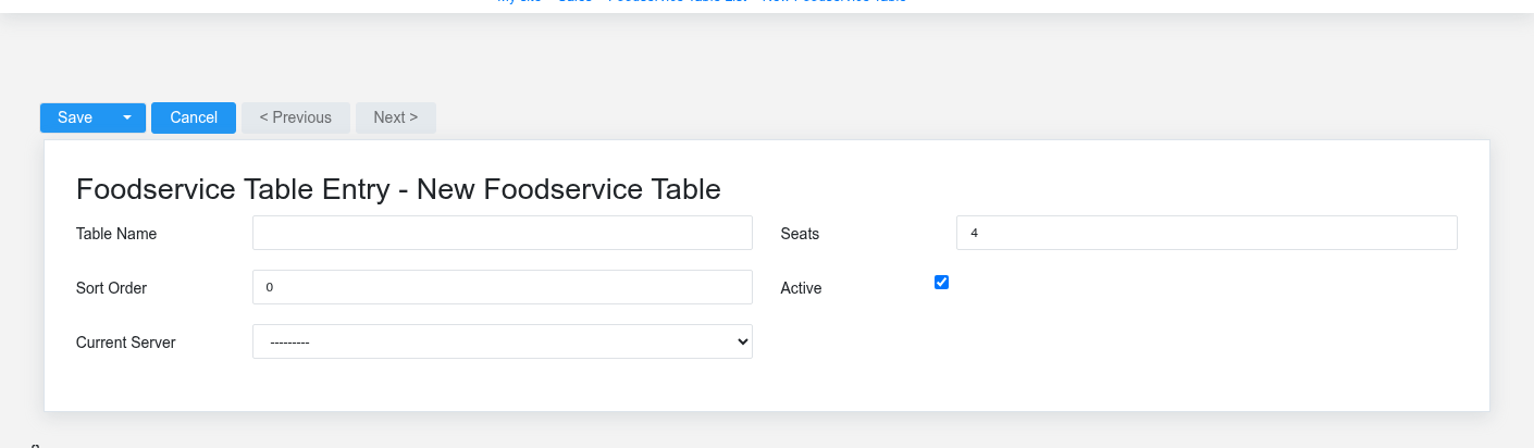 Brisk Foodservice Tables create screen displayed with fictional documentation-demo data.