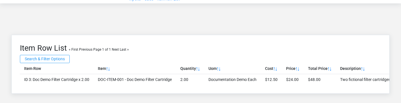 Brisk Item Rows list screen displayed with fictional documentation-demo data.