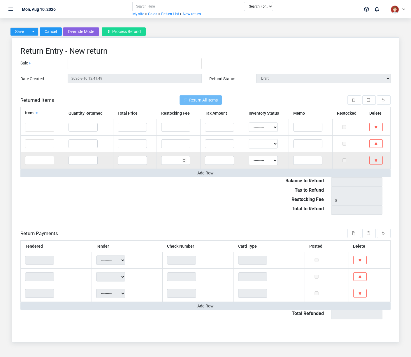Brisk Returns create screen displayed with fictional documentation-demo data.