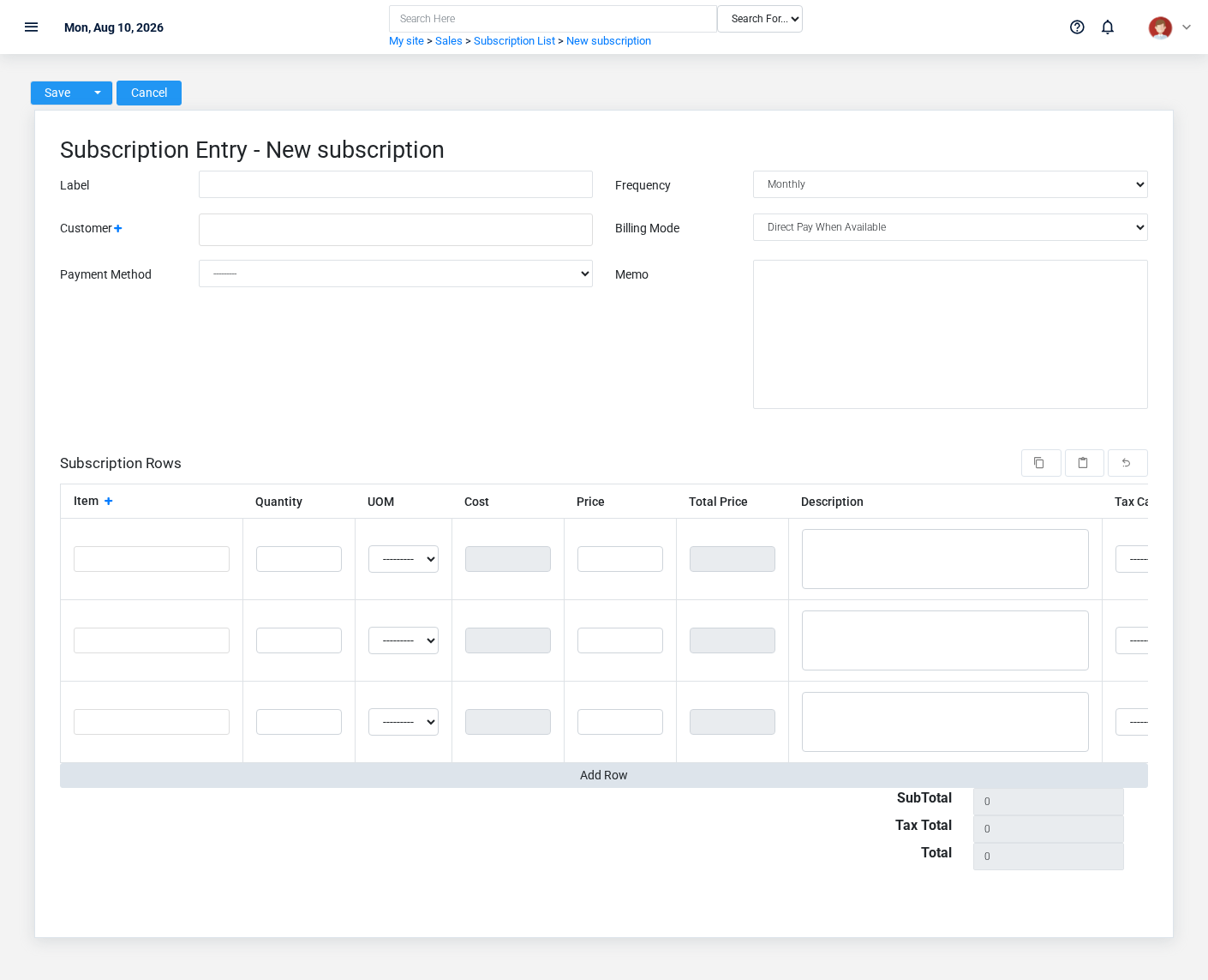Brisk Subscriptions create screen displayed with fictional documentation-demo data.